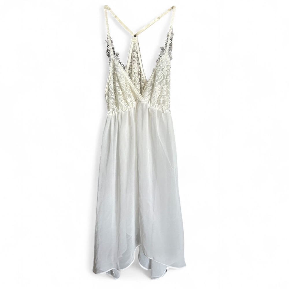 INTIMO DONATELLA White Floral Lace Sheer Chiffon Babydoll Slip Dress Chemise | S